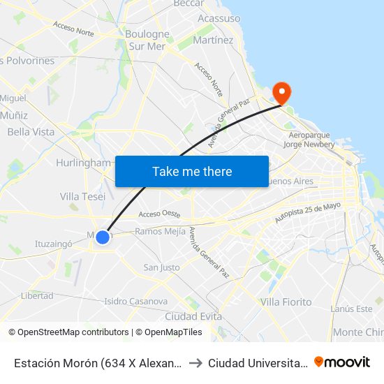 Estación Morón (634 X Alexandri) to Ciudad Universitaria map
