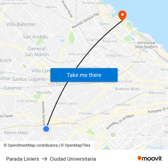 Parada Liniers to Ciudad Universitaria map