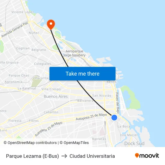 Parque Lezama (E-Bus) to Ciudad Universitaria map