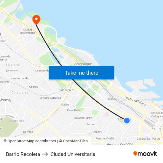 Barrio Recoleta to Ciudad Universitaria map