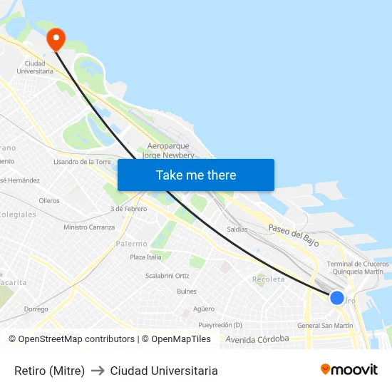 Retiro (Mitre) to Ciudad Universitaria map
