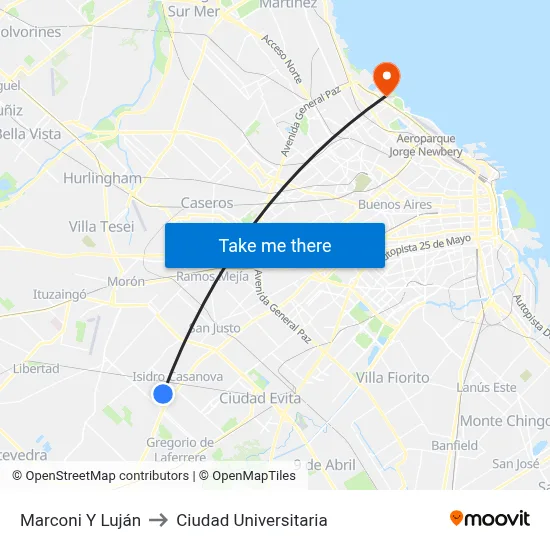 Marconi Y Luján to Ciudad Universitaria map