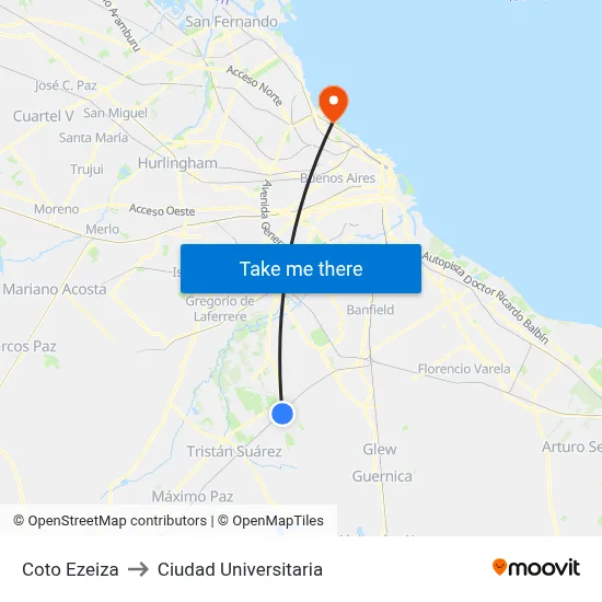 Coto Ezeiza to Ciudad Universitaria map
