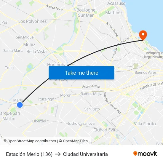 Estación Merlo (136) to Ciudad Universitaria map
