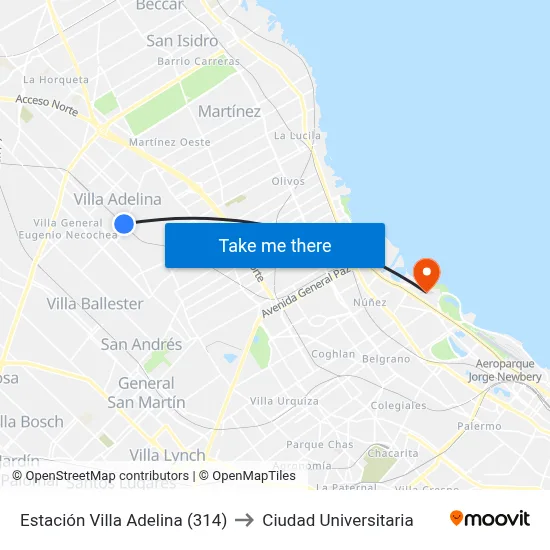 Estación Villa Adelina (314) to Ciudad Universitaria map