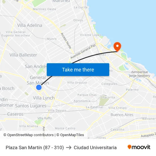 Plaza San Martín (87 - 310) to Ciudad Universitaria map