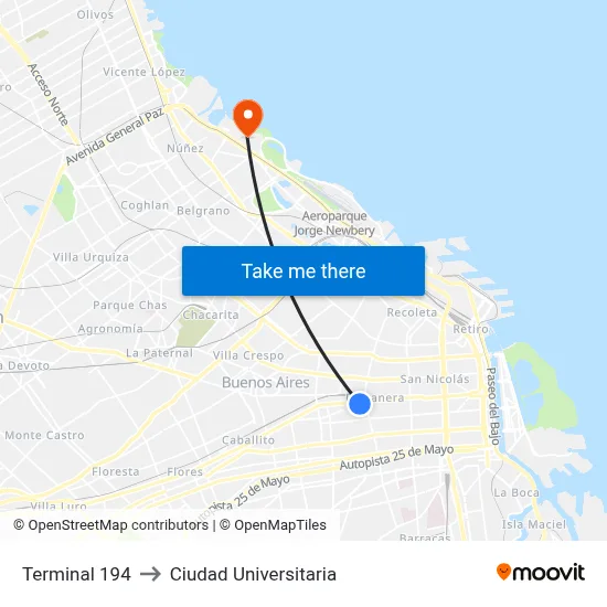 Terminal 194 to Ciudad Universitaria map