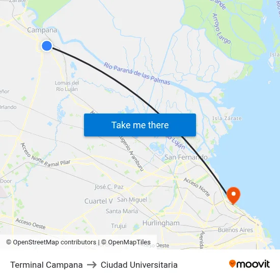 Terminal Campana to Ciudad Universitaria map