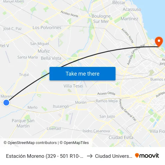 Estación Moreno (329 - 501 R10-R22-R24) to Ciudad Universitaria map