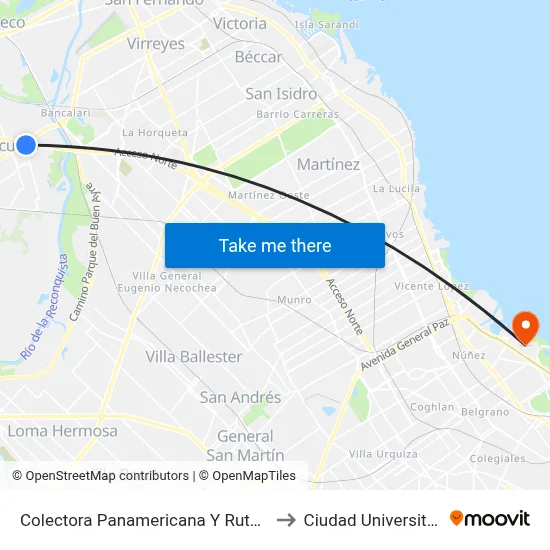 Colectora Panamericana Y Ruta 202 to Ciudad Universitaria map
