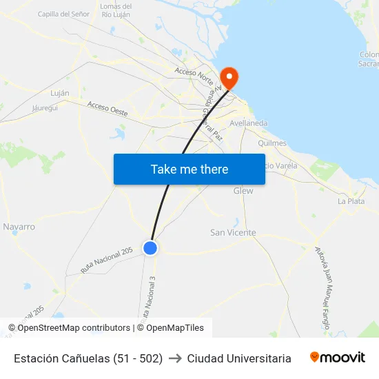 Estación Cañuelas (51 - 502) to Ciudad Universitaria map