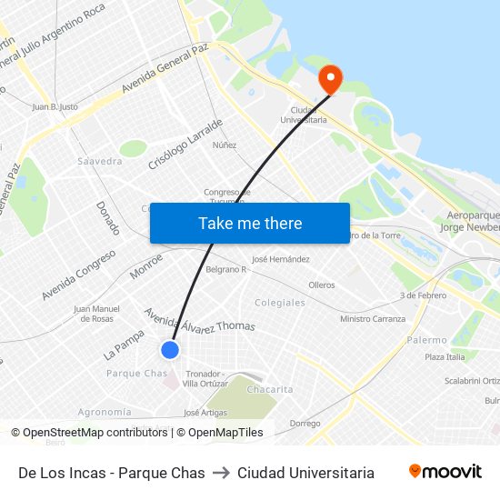 De Los Incas - Parque Chas to Ciudad Universitaria map