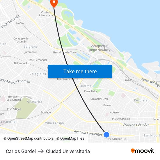 Carlos Gardel to Ciudad Universitaria map