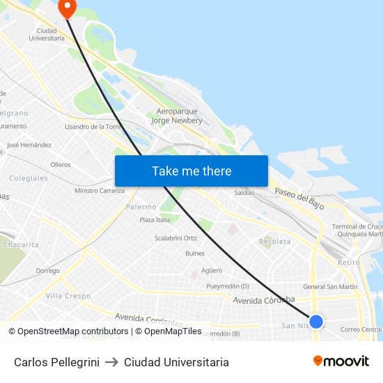 Carlos Pellegrini to Ciudad Universitaria map