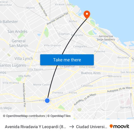 Avenida Rivadavia Y Leopardi (88 - 182) to Ciudad Universitaria map