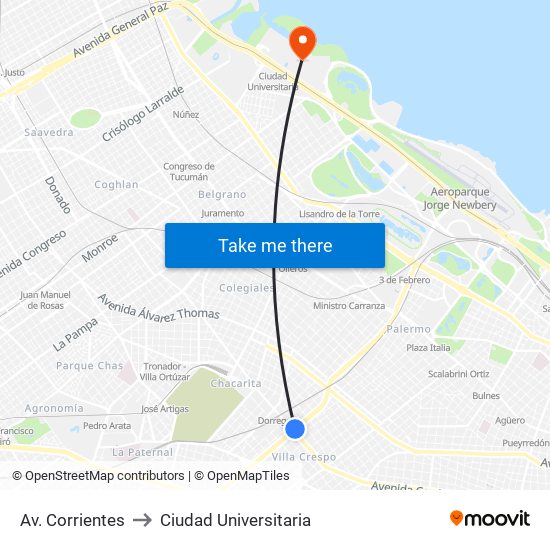 Av. Corrientes to Ciudad Universitaria map