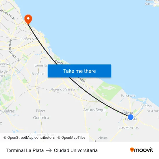 Terminal La Plata to Ciudad Universitaria map