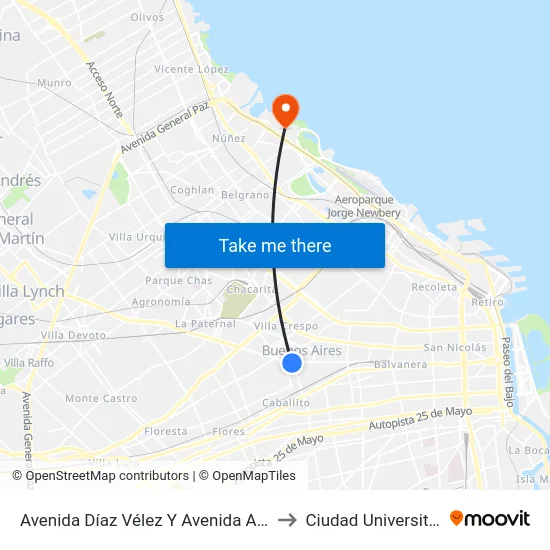 Avenida Díaz Vélez Y Avenida Acoyte to Ciudad Universitaria map