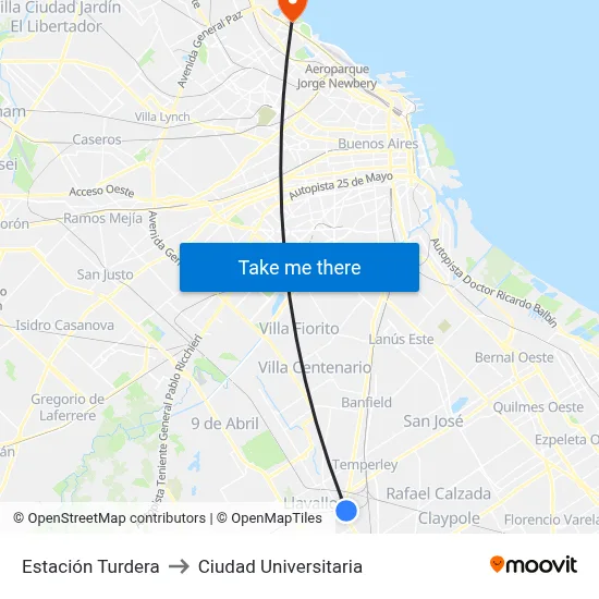 Estación Turdera to Ciudad Universitaria map