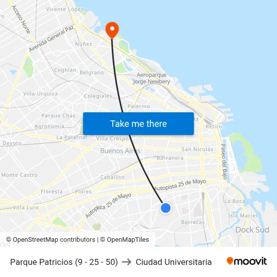 Parque Patricios (9 - 25 - 50) to Ciudad Universitaria map