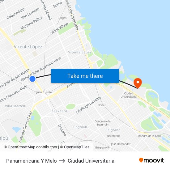 Panamericana Y Melo to Ciudad Universitaria map