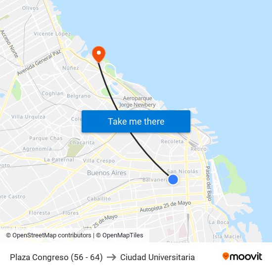 Plaza Congreso (56 - 64) to Ciudad Universitaria map