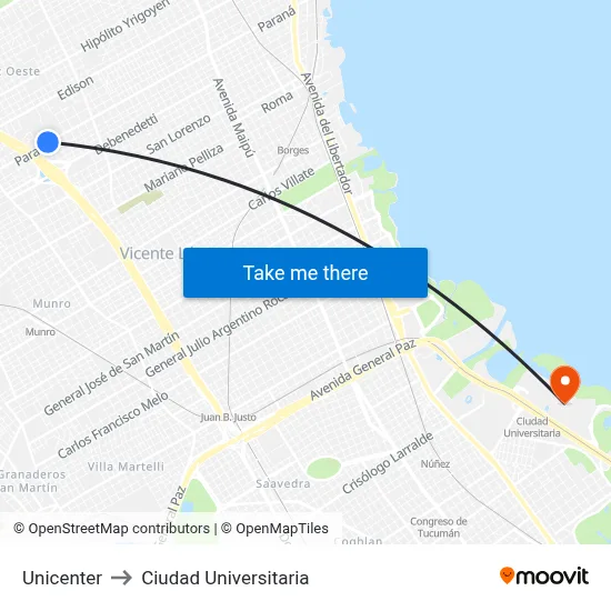 Unicenter to Ciudad Universitaria map