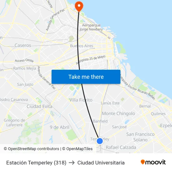 Estación Temperley (318) to Ciudad Universitaria map