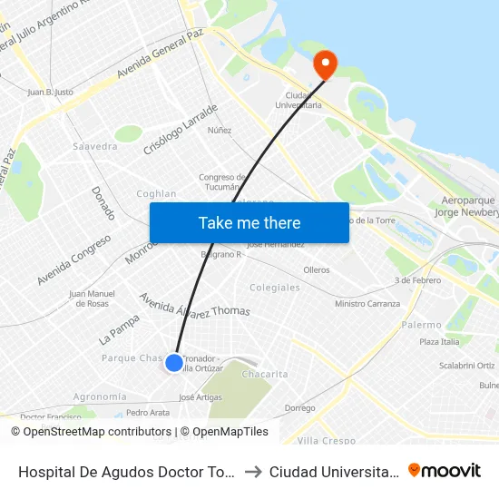 Hospital De Agudos Doctor Tornú to Ciudad Universitaria map