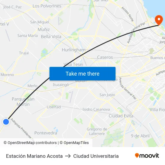 Estación Mariano Acosta to Ciudad Universitaria map