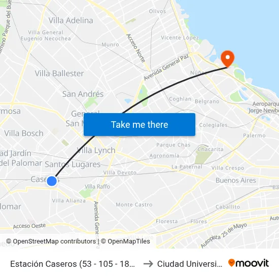 Estación Caseros (53 - 105 - 181 - 237) to Ciudad Universitaria map