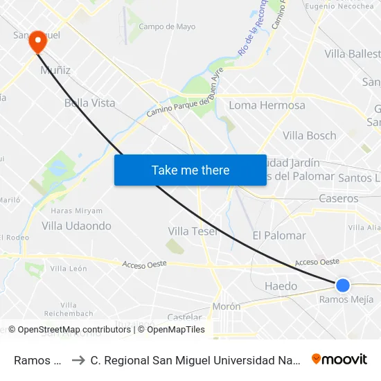 Ramos Mejía to C. Regional San Miguel Universidad Nacional De Luján map