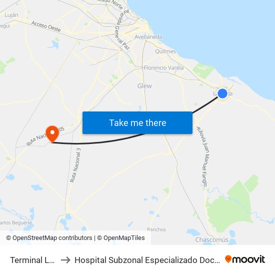 Terminal La Plata to Hospital Subzonal Especializado Doctor Dardo Rocha map