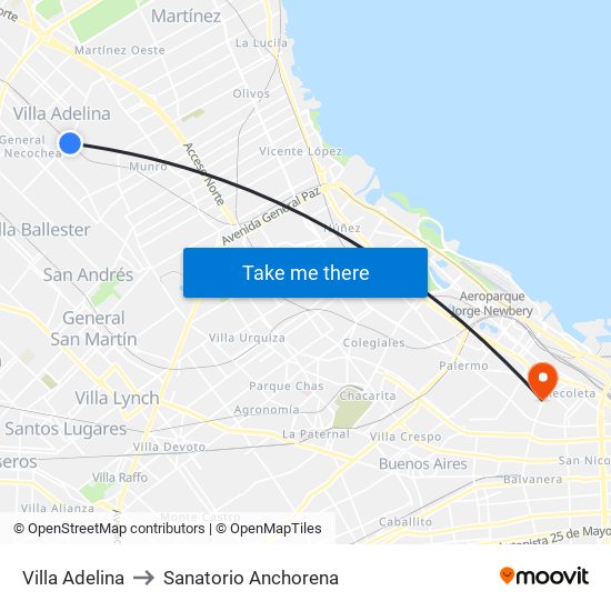 Villa Adelina to Sanatorio Anchorena map