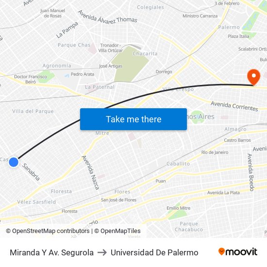 Miranda Y Av. Segurola to Universidad De Palermo map