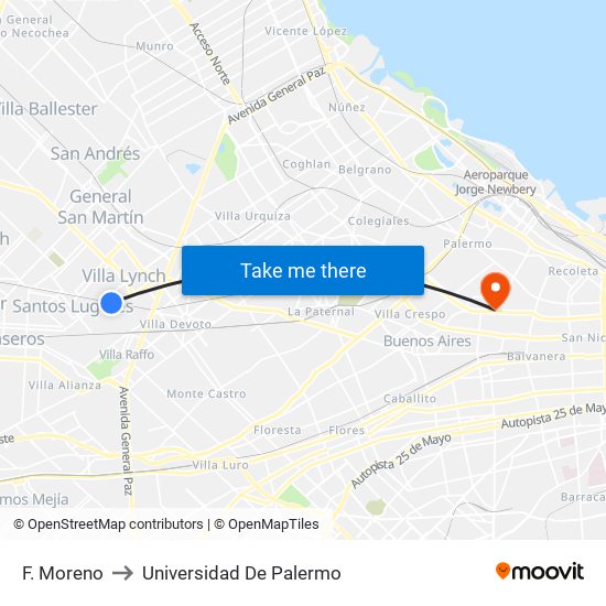 F. Moreno to Universidad De Palermo map