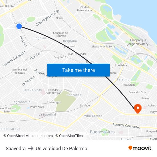 Saavedra to Universidad De Palermo map