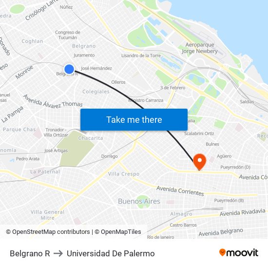 Belgrano R to Universidad De Palermo map