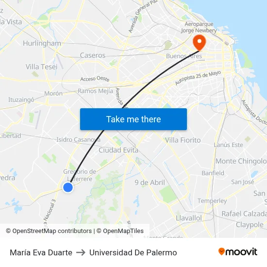 María Eva Duarte to Universidad De Palermo map