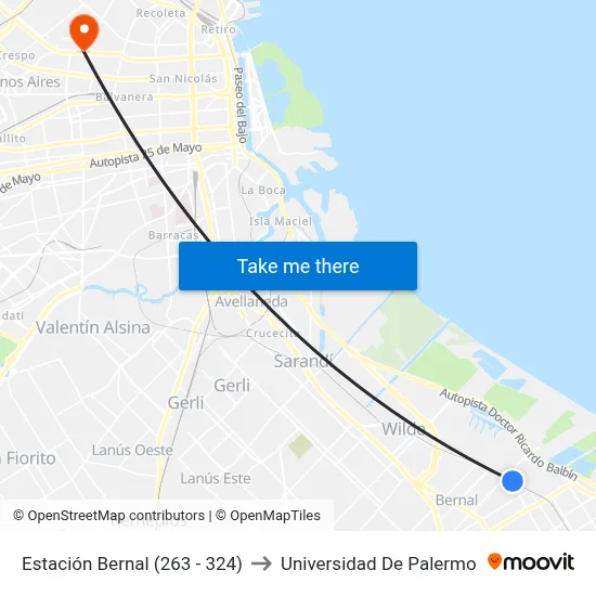 Estación Bernal (263 - 324) to Universidad De Palermo map
