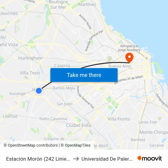 Estación Morón (242 Liniers) to Universidad De Palermo map