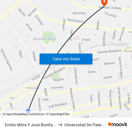 Emilio Mitre Y José Bonifacio to Universidad De Palermo map