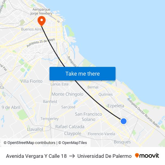Avenida Vergara Y Calle 18 to Universidad De Palermo map