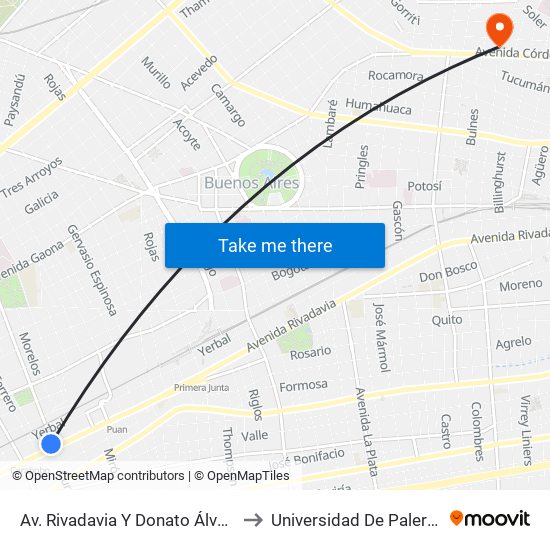 Av. Rivadavia Y Donato Álvarez to Universidad De Palermo map