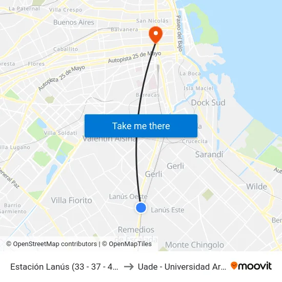 Estación Lanús (33 - 37 - 45 - 51 - 119 - 164 - 271 - 277) to Uade - Universidad Argentina De La Empresa map