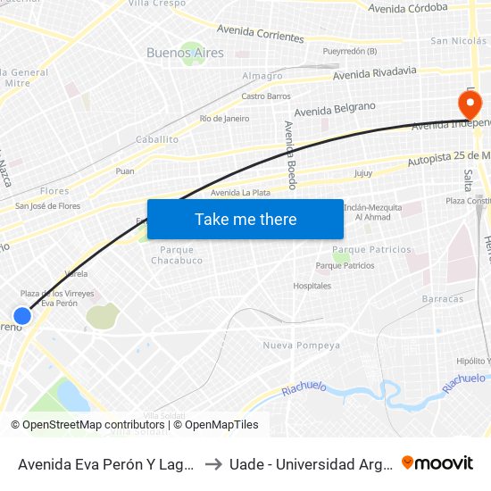 Avenida Eva Perón Y Laguna (50 - 56 - 103 - 145) to Uade - Universidad Argentina De La Empresa map