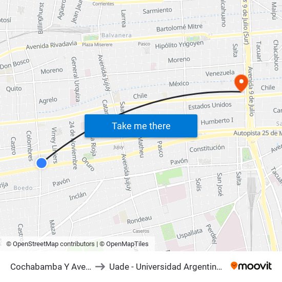 Cochabamba Y Avenida Boedo to Uade - Universidad Argentina De La Empresa map