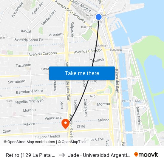 Retiro (129 La Plata Por Autopista) to Uade - Universidad Argentina De La Empresa map
