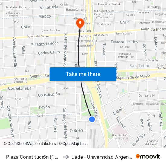 Plaza Constitución (100 - Constitución) to Uade - Universidad Argentina De La Empresa map