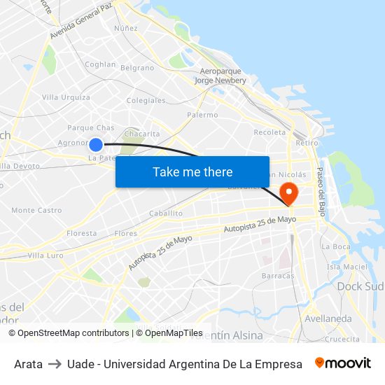 Arata to Uade - Universidad Argentina De La Empresa map